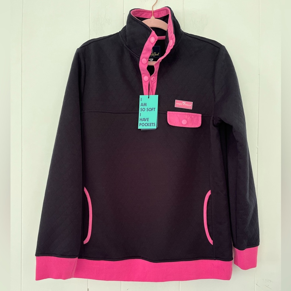 NEW Simply Southern Navy Pink Quilted 1/4 Snap Pullover Sweatshirt Jacket Medium